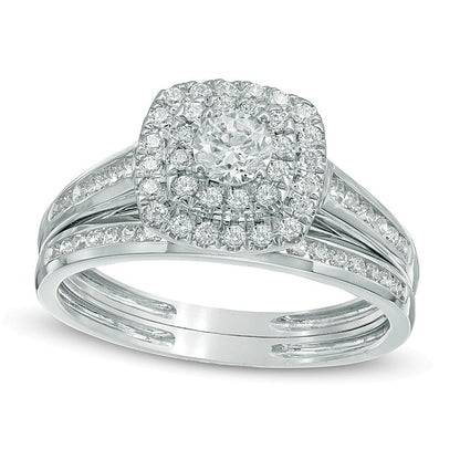 0.75 CT. TW Diamond Cushion-Shaped Double Frame Bridal Set in 10K White Gold