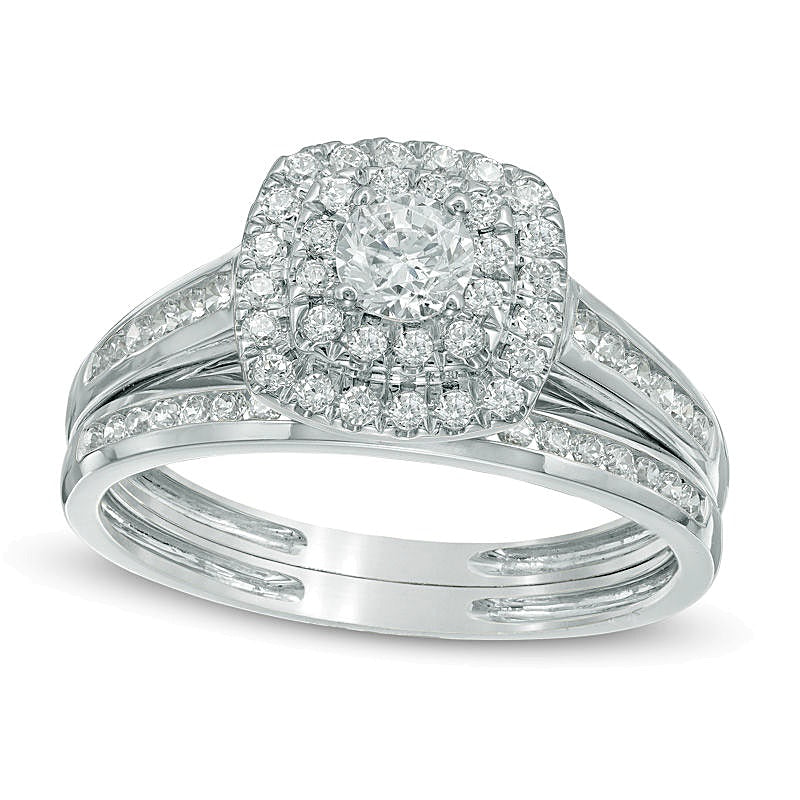 0.75 CT. TW Diamond Cushion-Shaped Double Frame Bridal Set in 10K White Gold