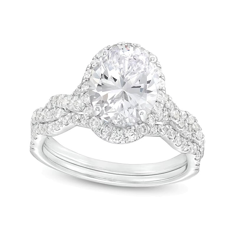 2.63 CT. TW Oval Lab-Grown Diamond Frame Twist Shank Bridal Set in 14K White Gold (I/SI2)