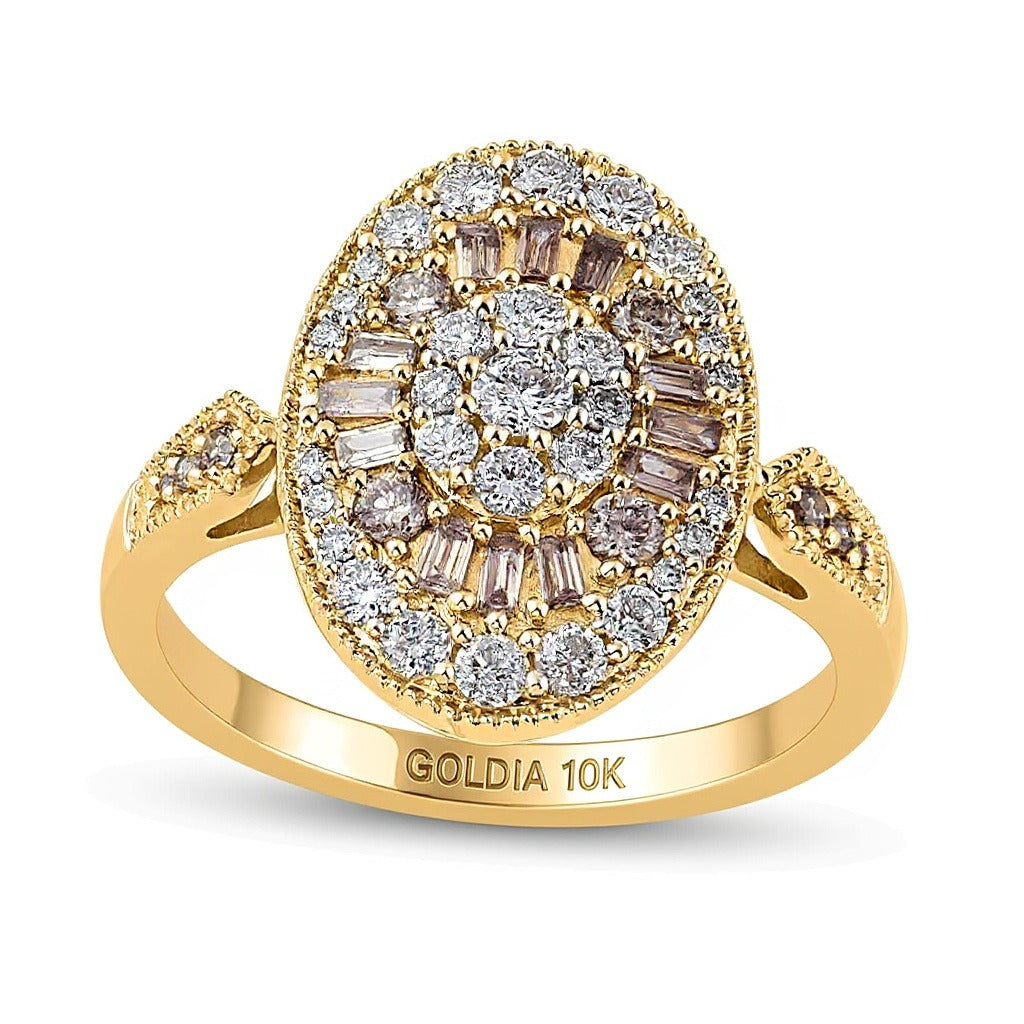 1.0 CT. TW Champagne and White Oval Multi-Diamond Vintage-Style Ring in 10K Gold