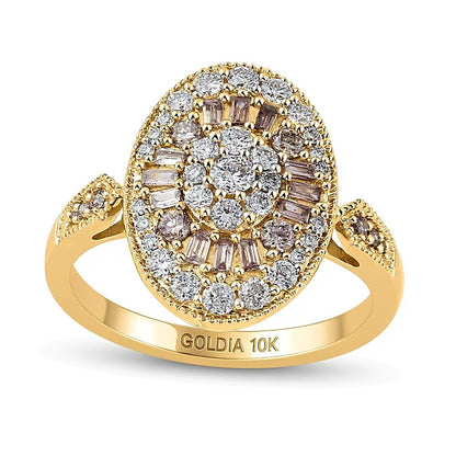1.0 CT. TW Champagne and White Oval Multi-Diamond Vintage-Style Ring in 10K Gold
