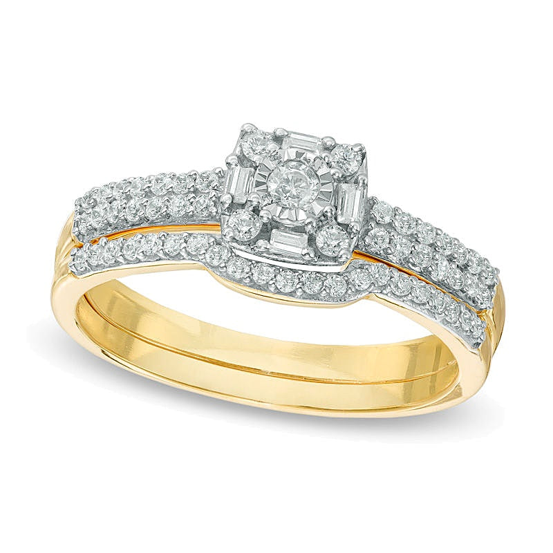 0.33 CT. TW Diamond Cushion Frame Double-Row Bridal Set in 10K Gold