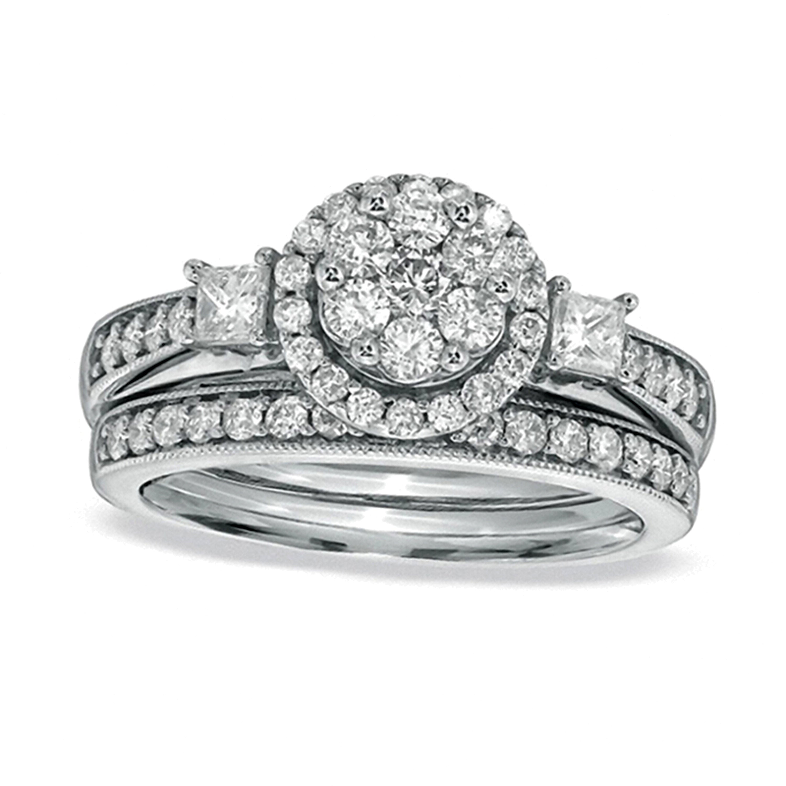 1.0 CT. TW Round and Princess-Cut Diamond Flower Bridal Set in 10K White Gold