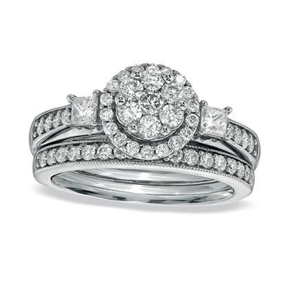 1.0 CT. TW Round and Princess-Cut Diamond Flower Bridal Set in 10K White Gold