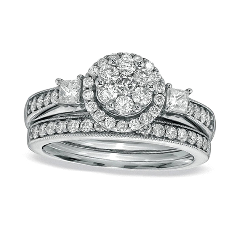 1.0 CT. TW Round and Princess-Cut Diamond Flower Bridal Set in 10K White Gold