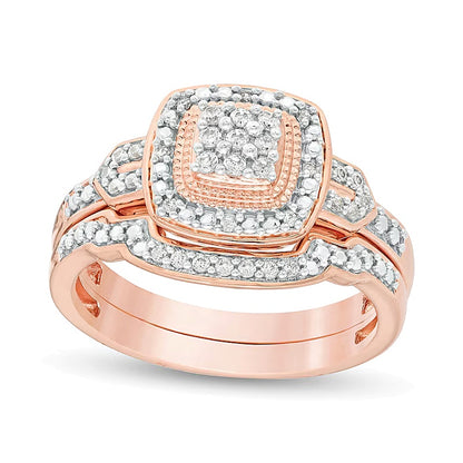0.2 CT. TW Composite Diamond Cushion Frame Vintage-Style Bridal Set in Sterling Silver with 14K Rose Gold Plate