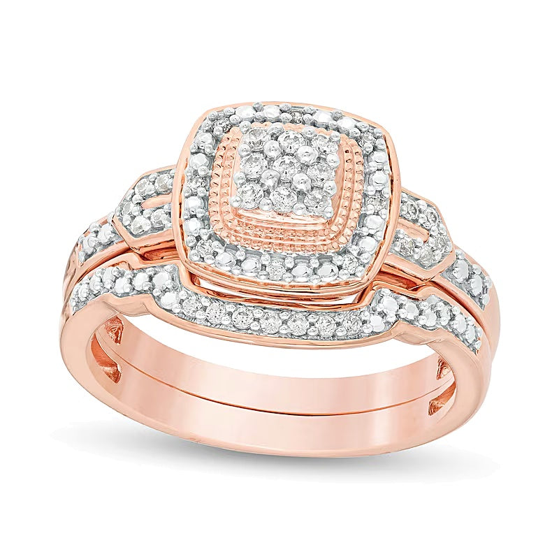 0.2 CT. TW Composite Diamond Cushion Frame Vintage-Style Bridal Set in Sterling Silver with 14K Rose Gold Plate