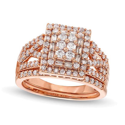 1.0 CT. TW Rectangle Multi-Diamond Twist Split Shank Bridal Set in 10K Rose Gold