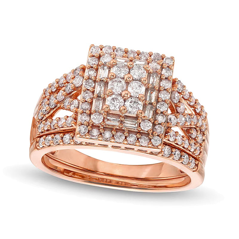 1.0 CT. TW Rectangle Multi-Diamond Twist Split Shank Bridal Set in 10K Rose Gold