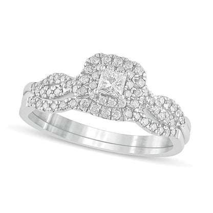 0.5 CT. TW Princess-Cut Diamond Double Cushion-Shaped Frame Multi-Row Bridal Set in 10K White Gold