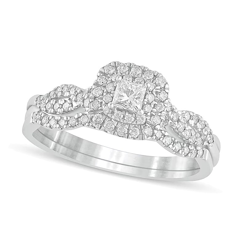 0.5 CT. TW Princess-Cut Diamond Double Cushion-Shaped Frame Multi-Row Bridal Set in 10K White Gold