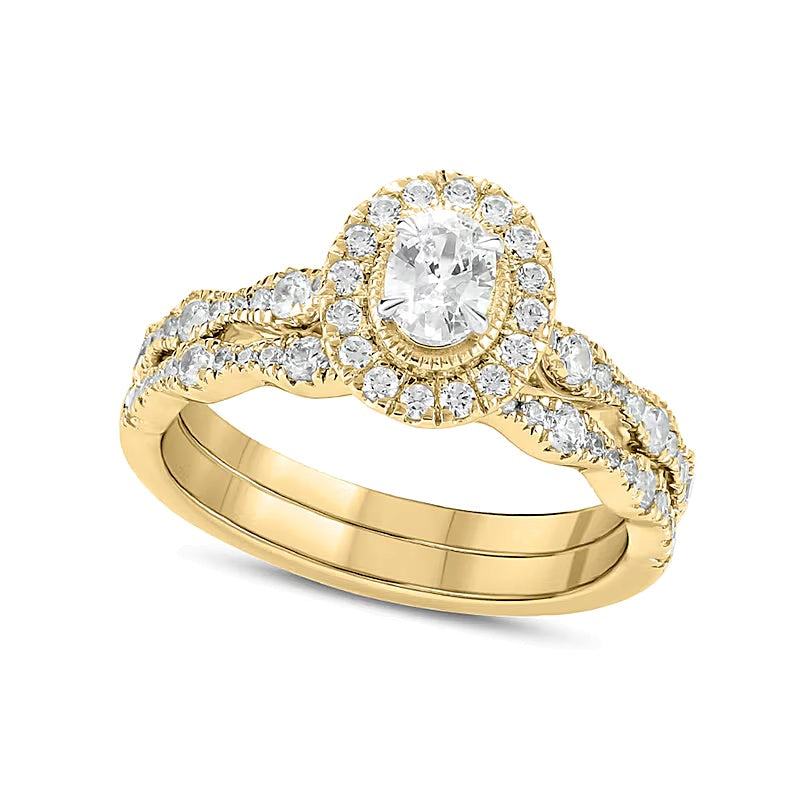 1.0 CT. TW Oval Diamond Frame Vintage-Style Bridal Set in 14K Gold