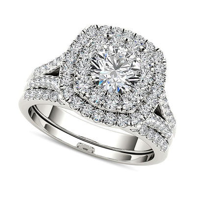 2.0 CT. TW Diamond Double Cushion Frame Split Shank Bridal Set in 14K White Gold