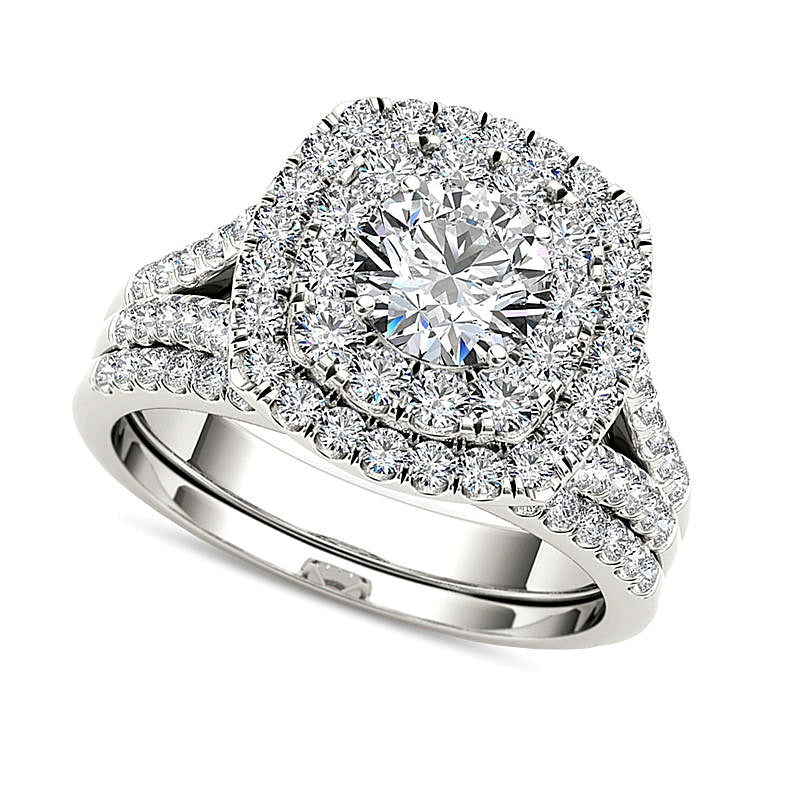 2.0 CT. TW Diamond Double Cushion Frame Split Shank Bridal Set in 14K White Gold