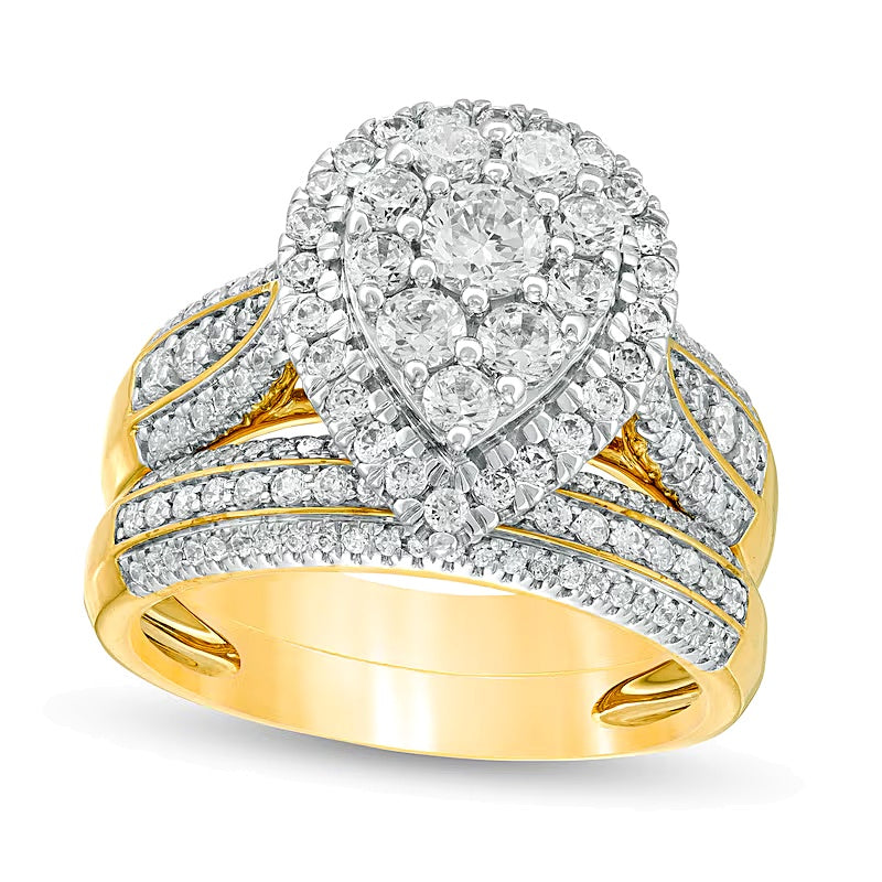 1.5 CT. TW Pear-Shaped Multi-Diamond Frame Multi-Row Bridal Set in 10K Gold