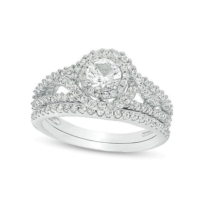 5.0mm Lab-Created White Sapphire Frame Bypass Swirl Split Shank Bridal Set in Sterling Silver