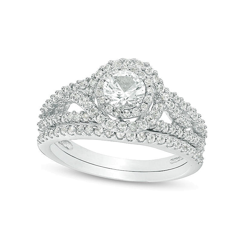 5.0mm Lab-Created White Sapphire Frame Bypass Swirl Split Shank Bridal Set in Sterling Silver
