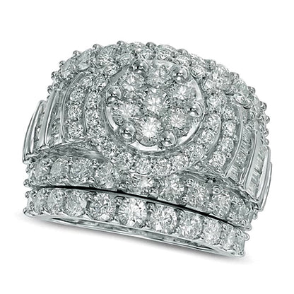 5.0 CT. TW Diamond Cluster Frame Three Piece Bridal Set in 14K White Gold