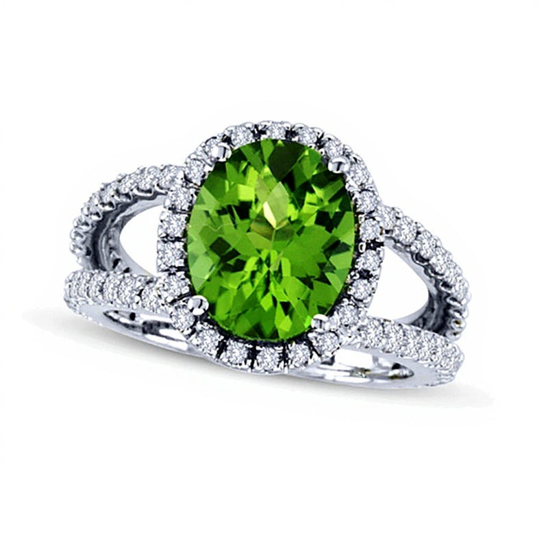 Oval Peridot and 0.88 CT. TW Diamond Ring in 14K White Gold