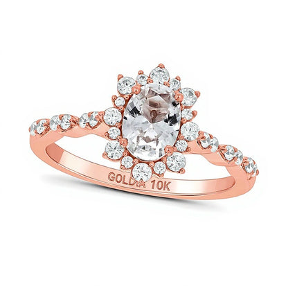 Oval White Lab-Created Sapphire and 0.33 CT. TW Diamond Starburst Frame Scallop Shank Engagement Ring in 10K Rose Gold