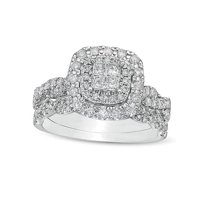 1.0 CT. TW Quad Princess-Cut Diamond Double Cushion-Shaped Frame Twist Shank Bridal Set in 14K White Gold