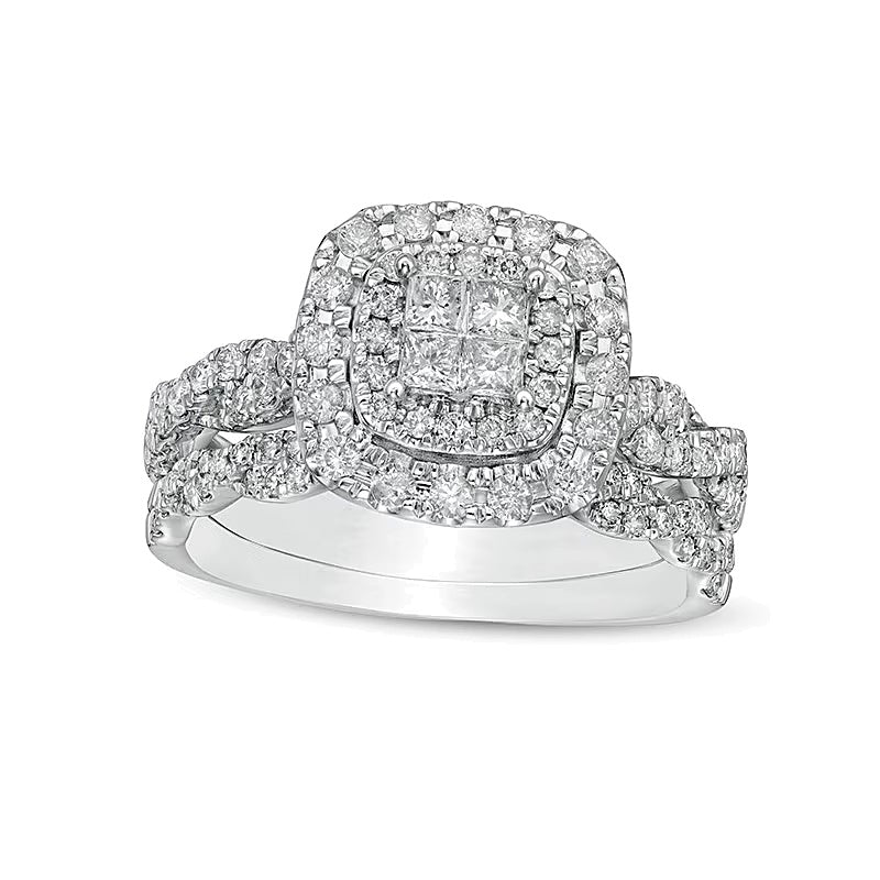 1.0 CT. TW Quad Princess-Cut Diamond Double Cushion-Shaped Frame Twist Shank Bridal Set in 14K White Gold