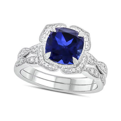 Cushion-Cut Blue Lab-Created Sapphire and 0.33 CT. TW Diamond Petal Frame Vintage-Style Bridal Set in Sterling Silver