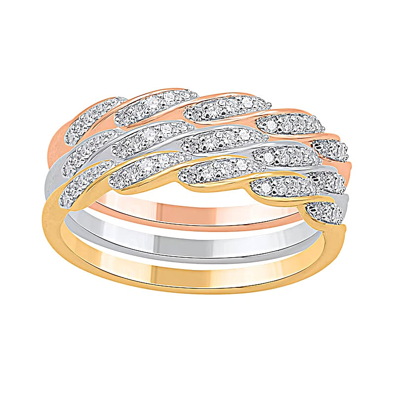 0.33 CT. TW Diamond Cascading Twist Three Piece Stackable Ring Set in Sterling Silver and Two-Tone Rhodium