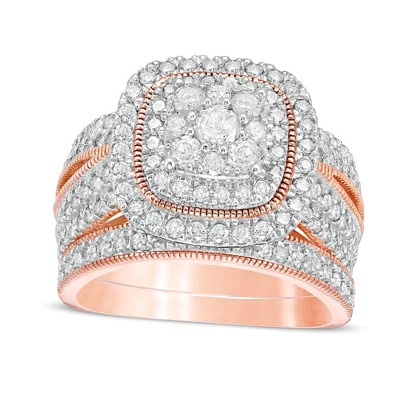 1.33 CT. TW Multi-Diamond Cushion Frame Vintage-Style Bridal Set in 10K Rose Gold