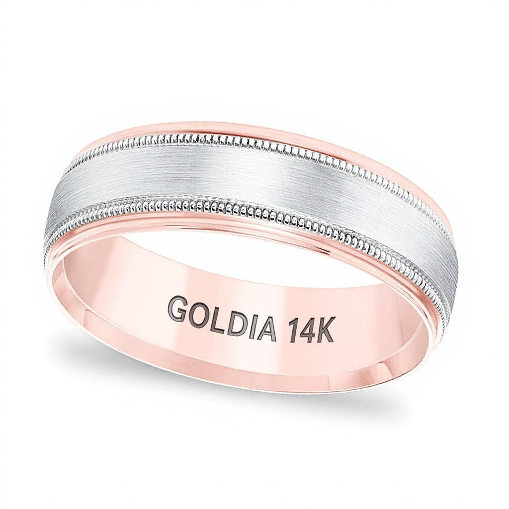 6.5mm Comfort-Fit Brushed Center Milgrain-Edge Wedding Band in 14K Two-Tone Gold