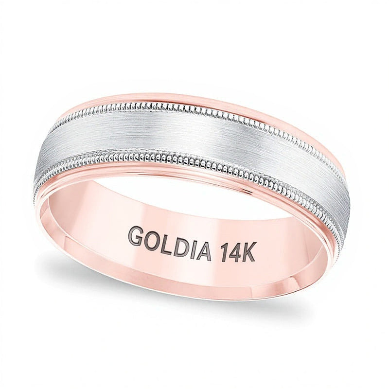 6.5mm Comfort-Fit Brushed Center Milgrain-Edge Wedding Band in 14K Two-Tone Gold