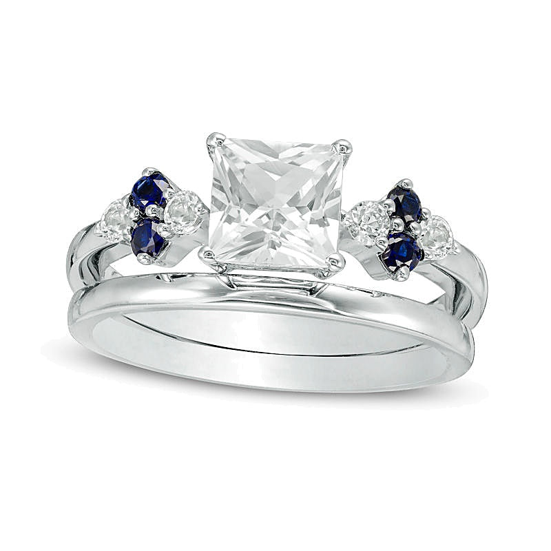 5.0mm Princess-Cut Lab-Created White and Blue Sapphire Quad-Sides Bridal Set in Sterling Silver