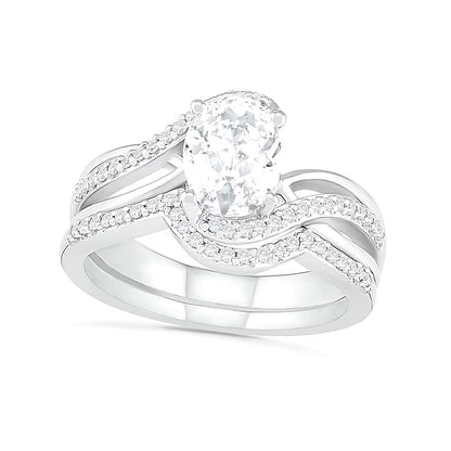 Oval Lab-Created White Sapphire Crossover Bypass Split Shank Bridal Set in Sterling Silver