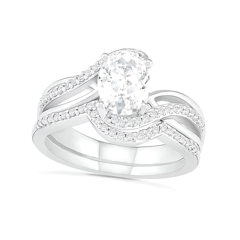 Oval Lab-Created White Sapphire Crossover Bypass Split Shank Bridal Set in Sterling Silver