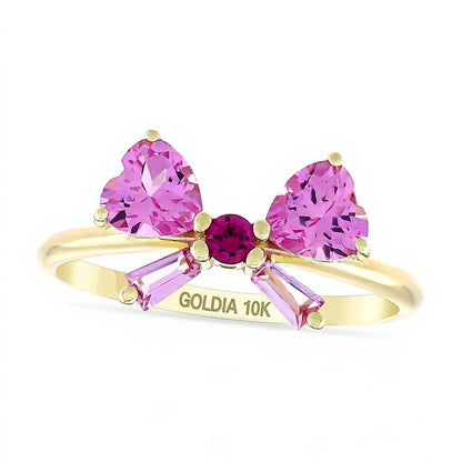 Heart-Shaped and Baguette-Cut Pink Lab-Created Sapphire and Lab-Created Ruby Bow Ring in 10K Gold