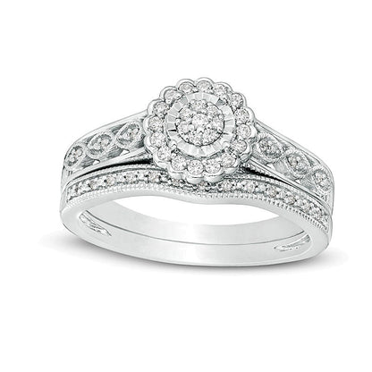 0.2 CT. TW Composite Diamond Flower Frame Vintage-Style Bridal Set in Sterling Silver