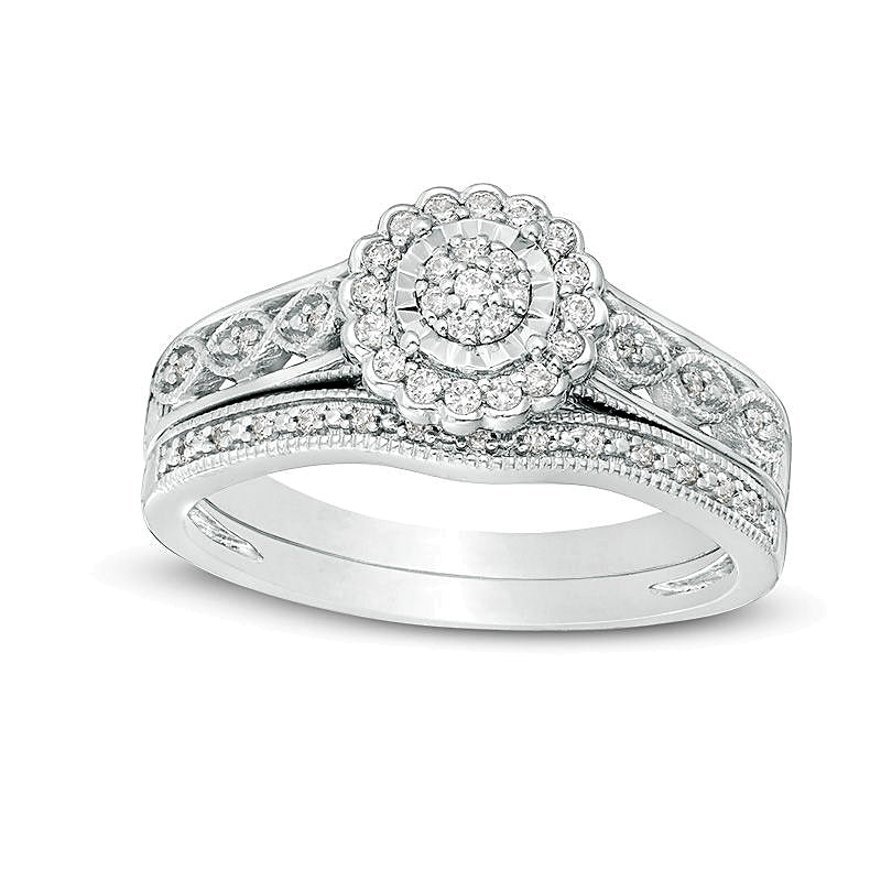 0.2 CT. TW Composite Diamond Flower Frame Vintage-Style Bridal Set in Sterling Silver