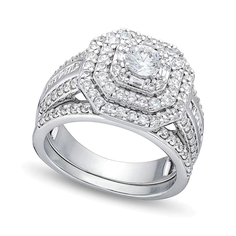 1.5 CT. TW Diamond Cushion Triple Row Octagon Frame Bridal Set in 10K White Gold
