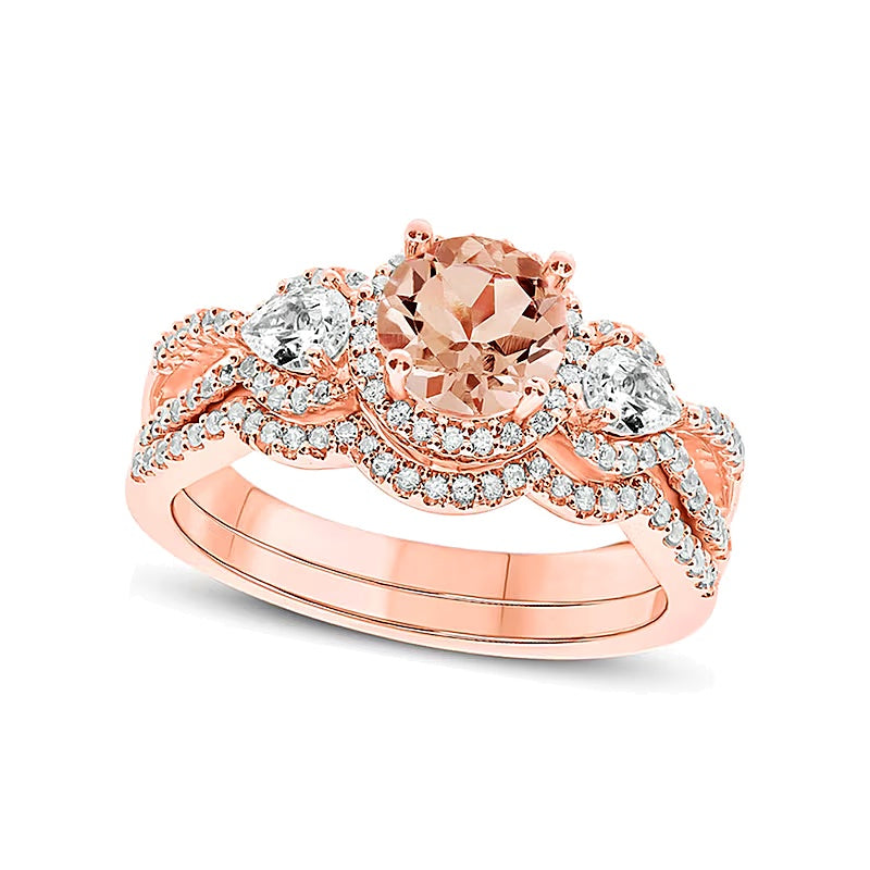 6.0mm Morganite, White Topaz and 0.33 CT. TW Diamond Frame Three Stone Bridal Set in 10K Rose Gold