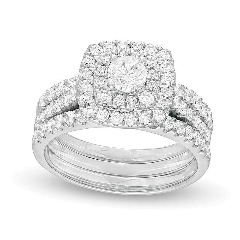 1.5 CT. TW Diamond Double Cushion Frame Three Piece Bridal Set in 10K White Gold