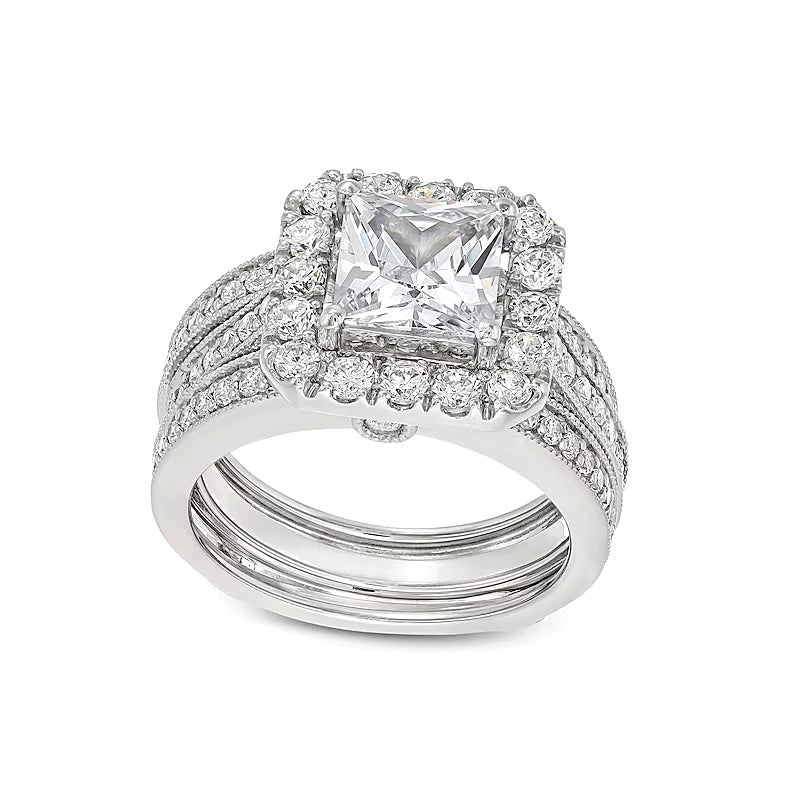 3.38 CT. TW Princess-Cut Lab-Grown Diamond Cushion-Shaped Frame Bridal Set in 14K White Gold (F/VS2)