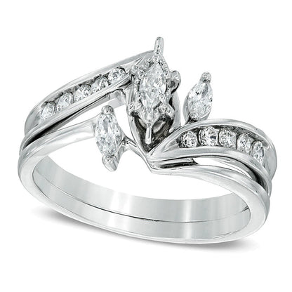 0.5 CT. TW Marquise Diamond Three Stone Slant Bridal Set in 10K White Gold
