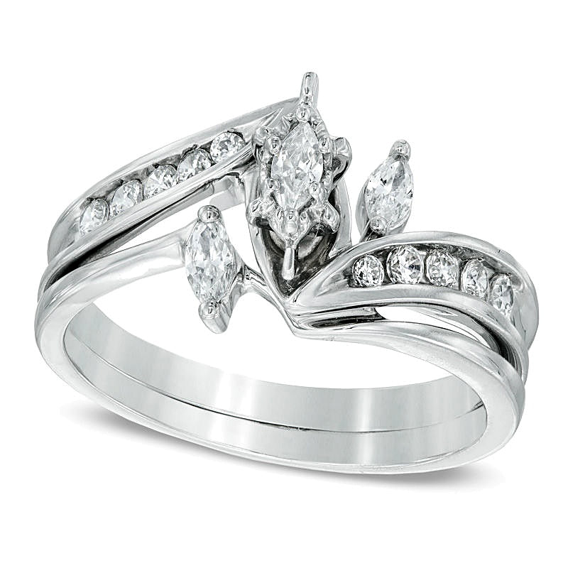 0.5 CT. TW Marquise Diamond Three Stone Slant Bridal Set in 10K White Gold