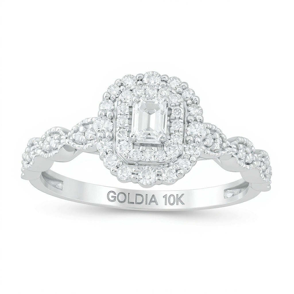 0.38 CT. TW Emerald-Cut Diamond Double Frame Art Deco Vintage-Style Engagement Ring in 10K White Gold