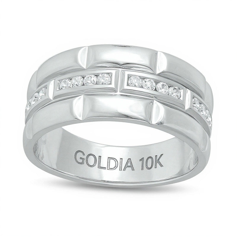 0.25 CT. TW Diamond Trio Station Brick Pattern Wedding Band in 10K White Gold