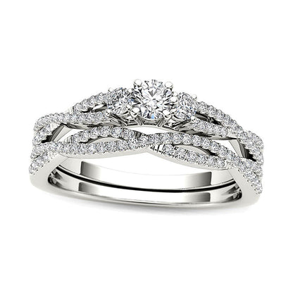 0.5 CT. TW Diamond Three Stone Twist Bridal Set in 14K White Gold