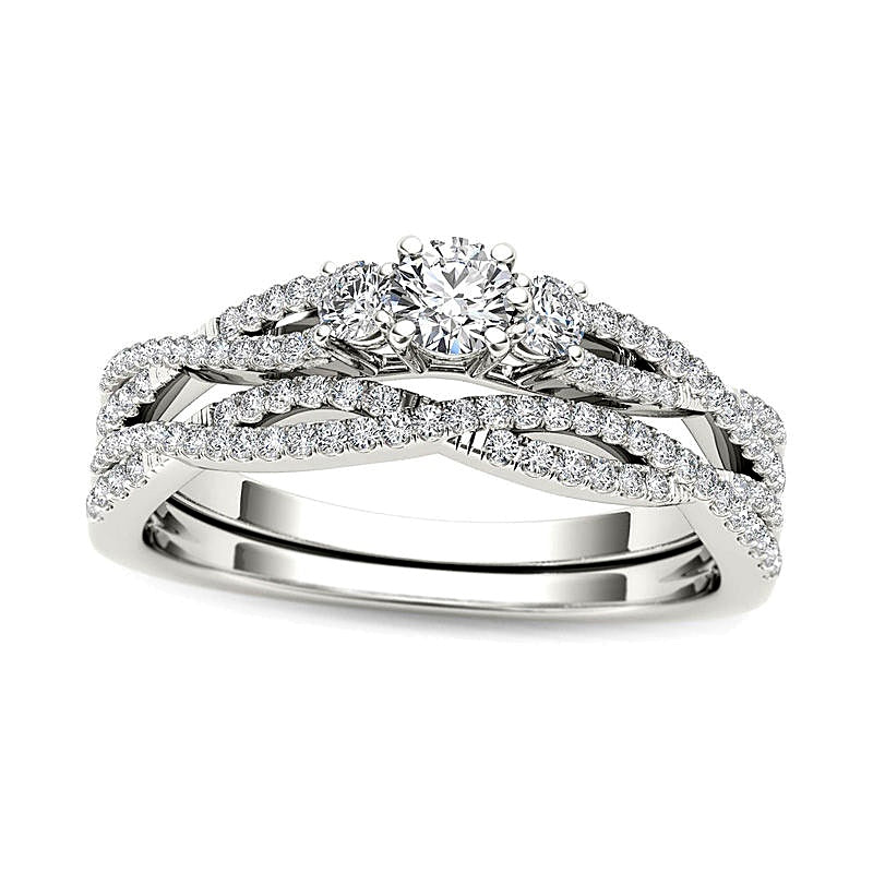 0.5 CT. TW Diamond Three Stone Twist Bridal Set in 14K White Gold