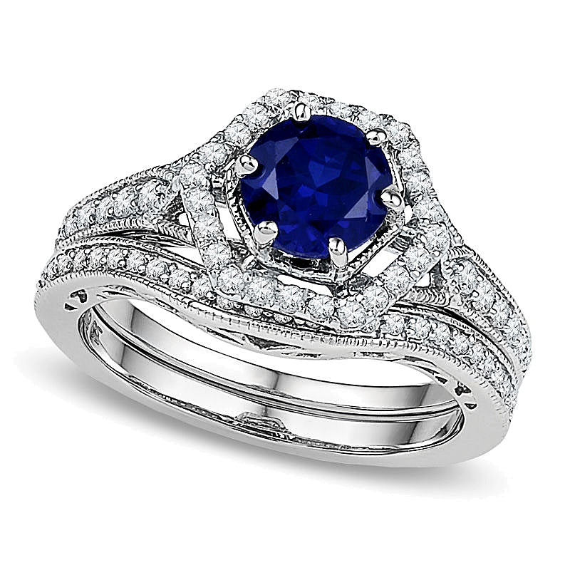 7.0mm Lab-Created Blue Sapphire and 0.38 CT. TW Diamond Bridal Set in 10K White Gold