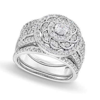 1.5 CT. TW Diamond Frame Celtic-Style Flower Bridal Set in 10K White Gold