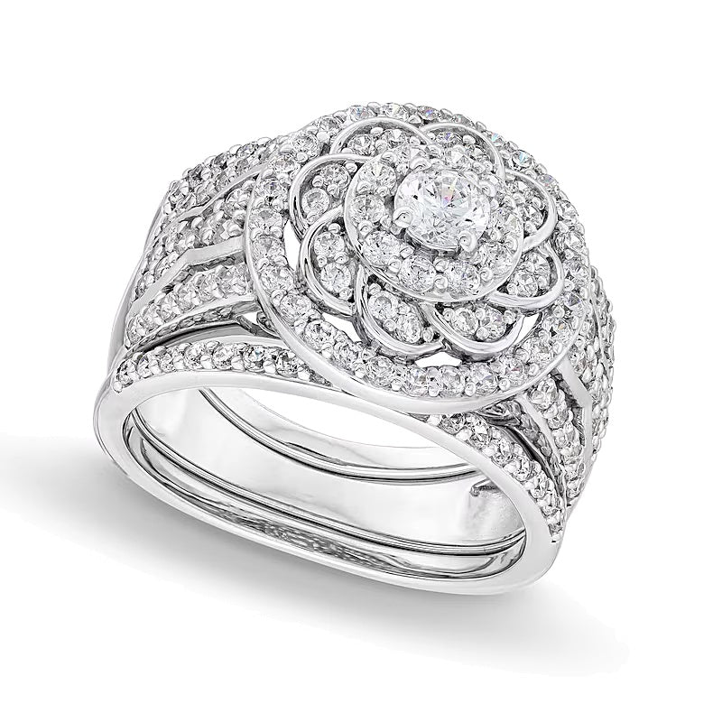 1.5 CT. TW Diamond Frame Celtic-Style Flower Bridal Set in 10K White Gold